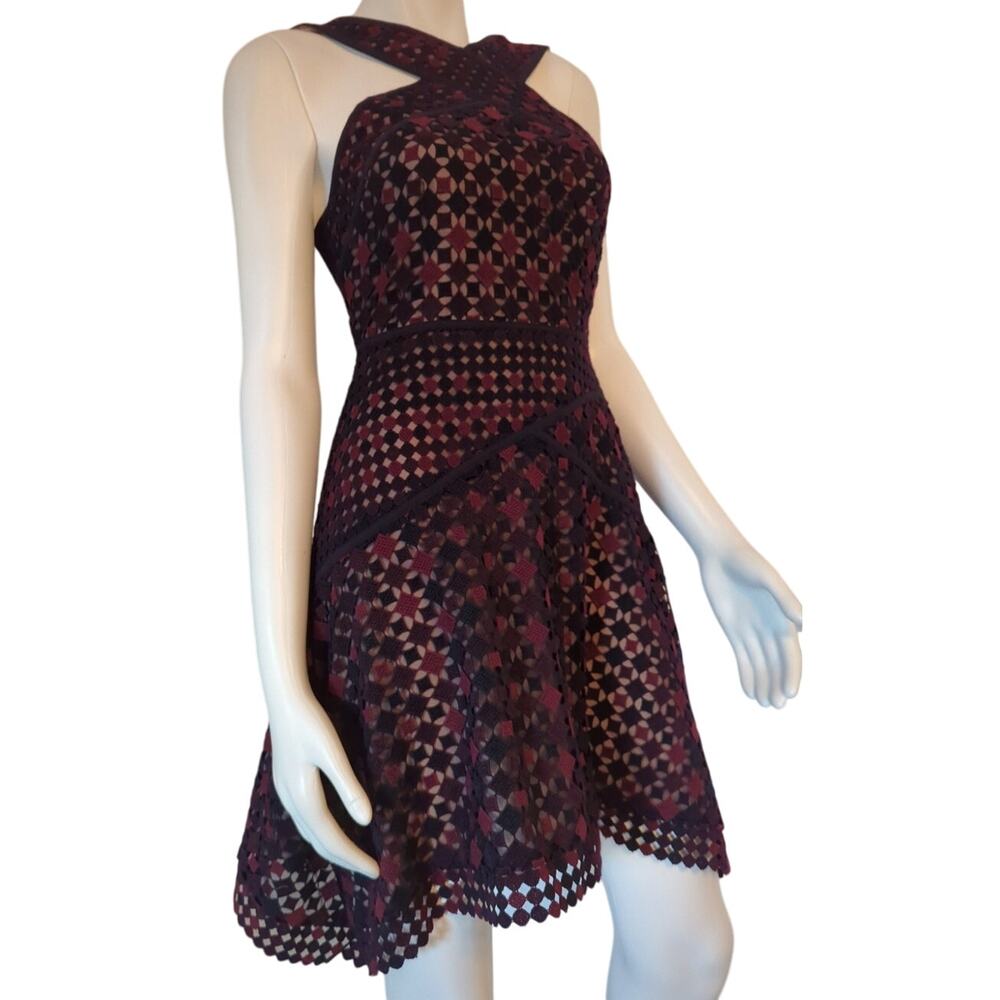 BCBGMaxAzria Sofia Crisscross Halter Dress Navy Burgundy & Tan Women Size 0 EUC